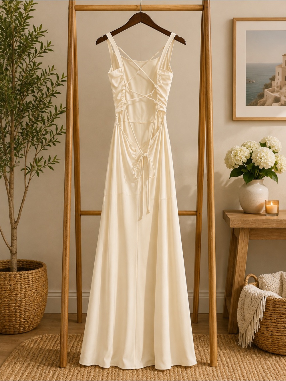 HALARA Ivory white Ruched Lace-Up Open Back Maxi Dress- Medium - Picture 2 of 9